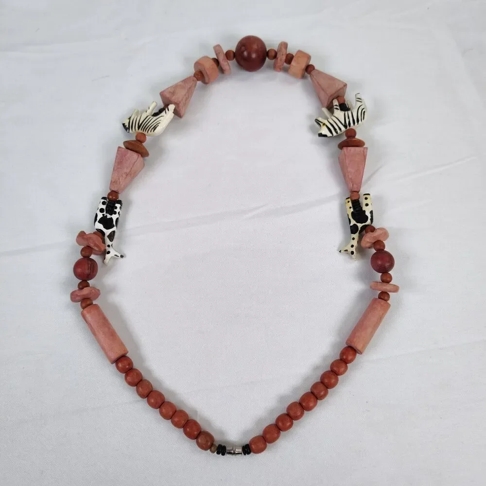 Vintage Carved Wood Chunky Necklace 26in Zebra Giraffe African Safari